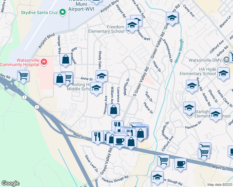 map of restaurants, bars, coffee shops, grocery stores, and more near 149 William Avenue in Watsonville