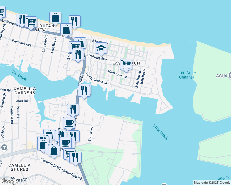 map of restaurants, bars, coffee shops, grocery stores, and more near 4707 Pretty Lake Avenue in Norfolk