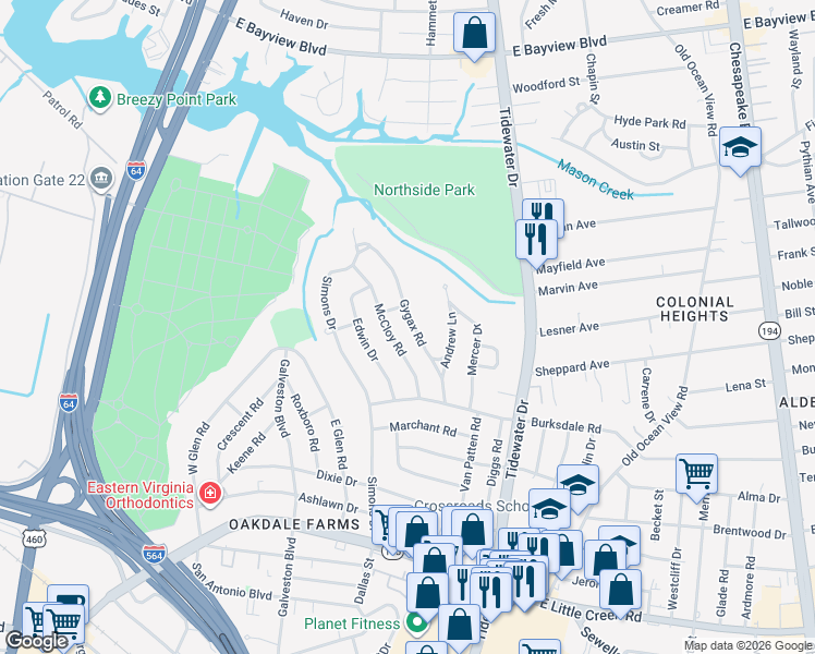 map of restaurants, bars, coffee shops, grocery stores, and more near 8227 Gygax Road in Norfolk