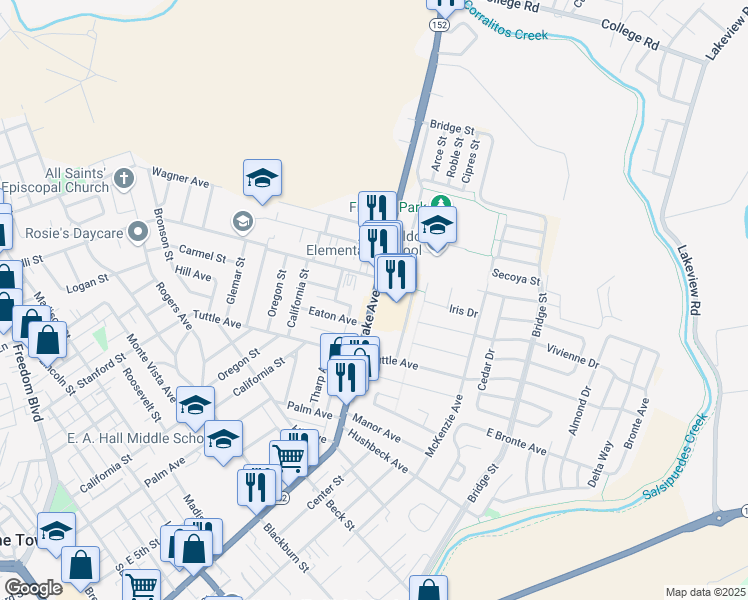 map of restaurants, bars, coffee shops, grocery stores, and more near 926 East Lake Avenue in Watsonville