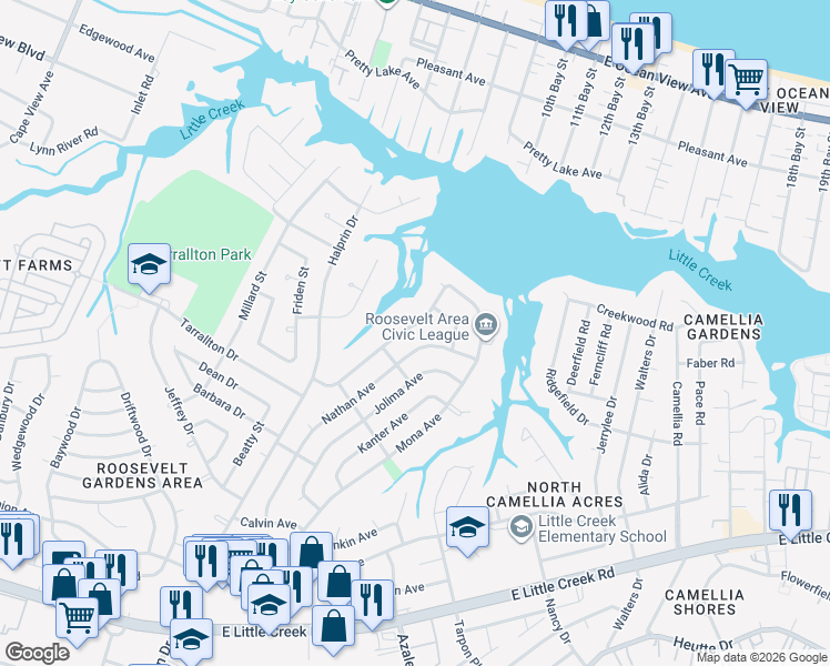 map of restaurants, bars, coffee shops, grocery stores, and more near 8404 Norristown Drive in Norfolk