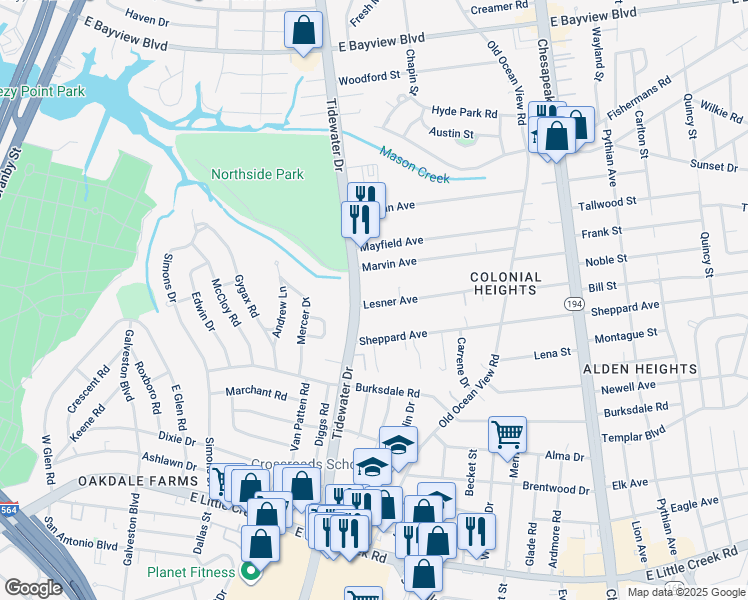 map of restaurants, bars, coffee shops, grocery stores, and more near 731 Lesner Avenue in Norfolk