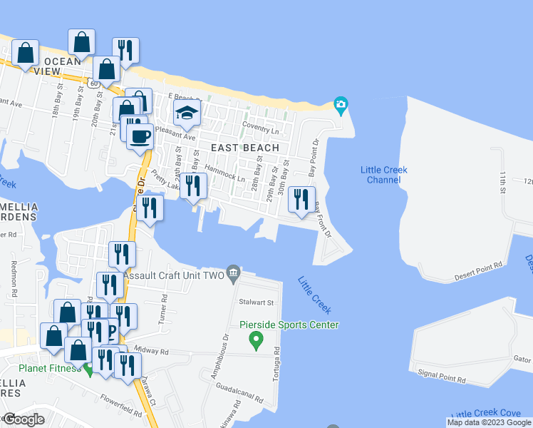 map of restaurants, bars, coffee shops, grocery stores, and more near 4918 Pretty Lake Avenue in Norfolk