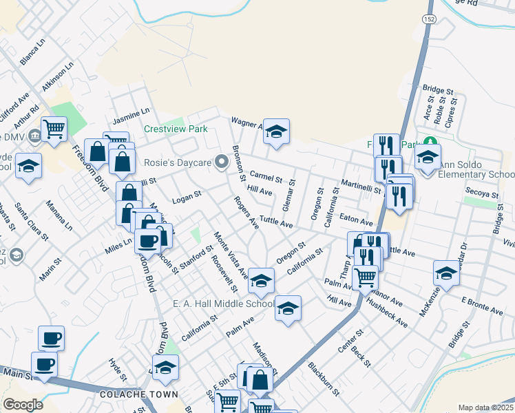 map of restaurants, bars, coffee shops, grocery stores, and more near 701 Hill Avenue in Watsonville