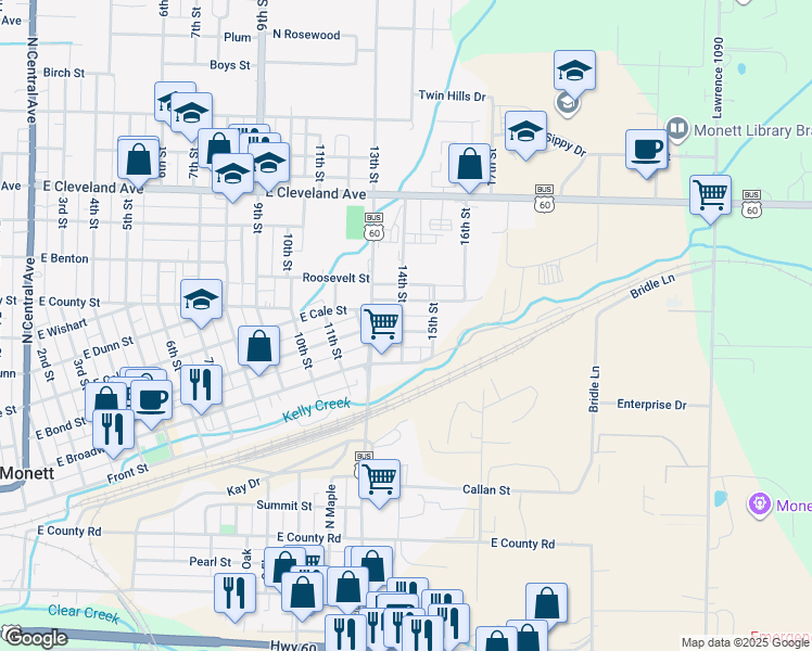 map of restaurants, bars, coffee shops, grocery stores, and more near 1409 East Bond Street in Monett