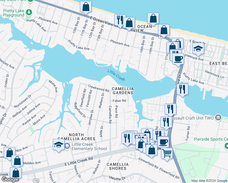 map of restaurants, bars, coffee shops, grocery stores, and more near 3317 Creekwood Road in Norfolk