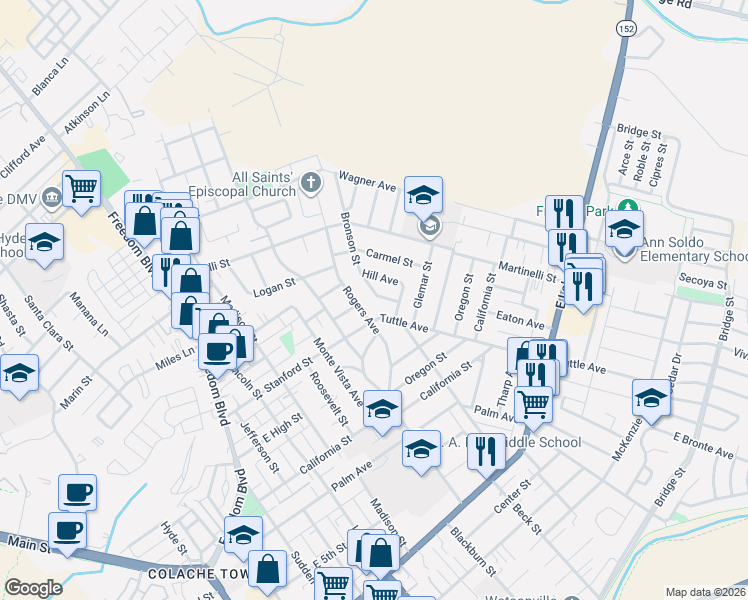 map of restaurants, bars, coffee shops, grocery stores, and more near 211 Rogers Avenue in Watsonville