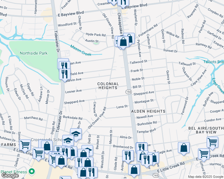 map of restaurants, bars, coffee shops, grocery stores, and more near 911 Mildred Street in Norfolk