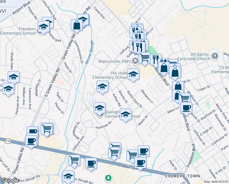 map of restaurants, bars, coffee shops, grocery stores, and more near 223 Alta Vista Avenue in Watsonville