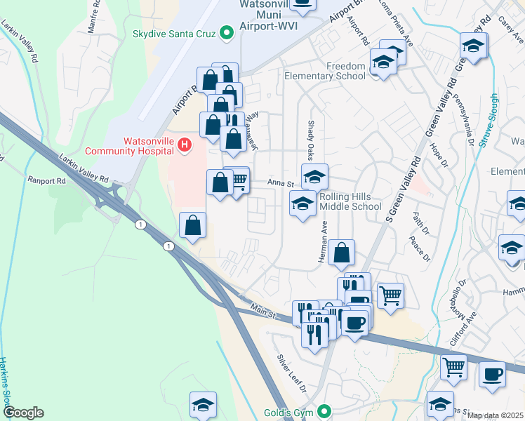 map of restaurants, bars, coffee shops, grocery stores, and more near 144 Holm Road in Watsonville