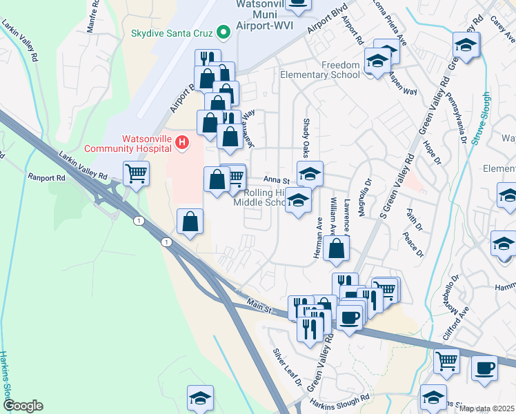 map of restaurants, bars, coffee shops, grocery stores, and more near 144 Holm Road in Watsonville