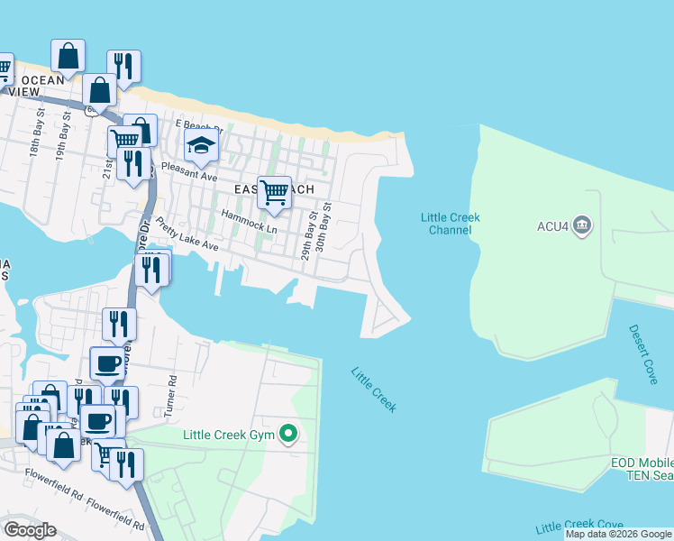 map of restaurants, bars, coffee shops, grocery stores, and more near 9500 30th Bay Street in Norfolk