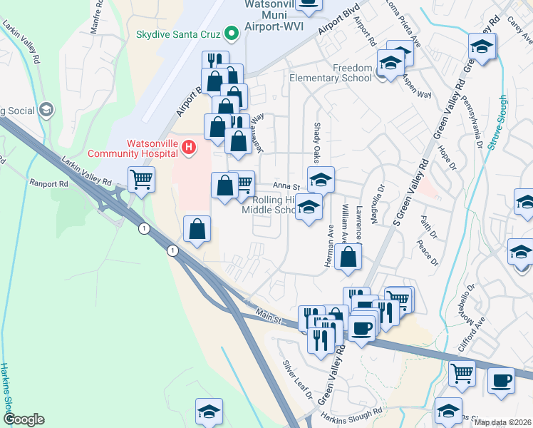 map of restaurants, bars, coffee shops, grocery stores, and more near 144 Holm Road in Watsonville