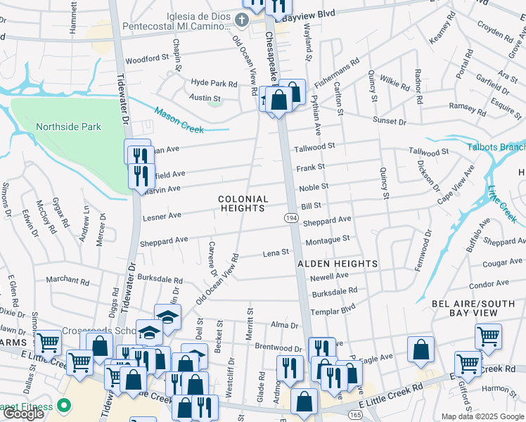 map of restaurants, bars, coffee shops, grocery stores, and more near 925 Mildred Street in Norfolk