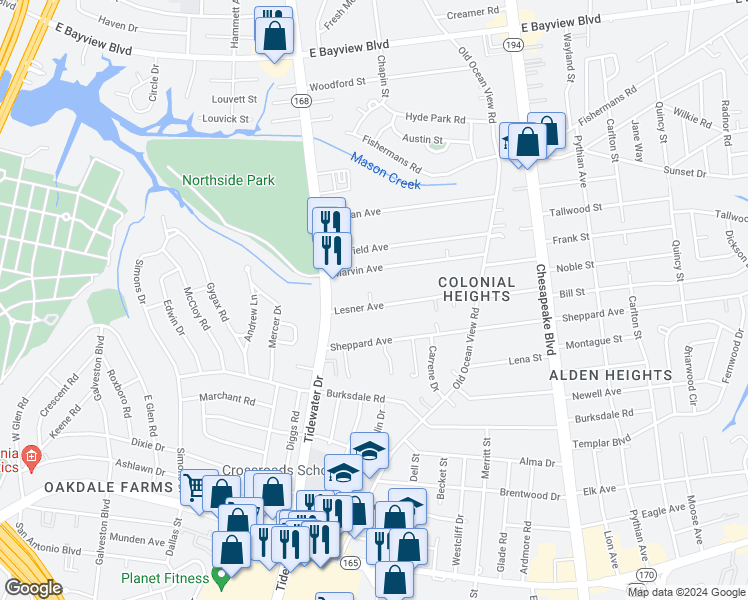 map of restaurants, bars, coffee shops, grocery stores, and more near 736 Lesner Avenue in Norfolk