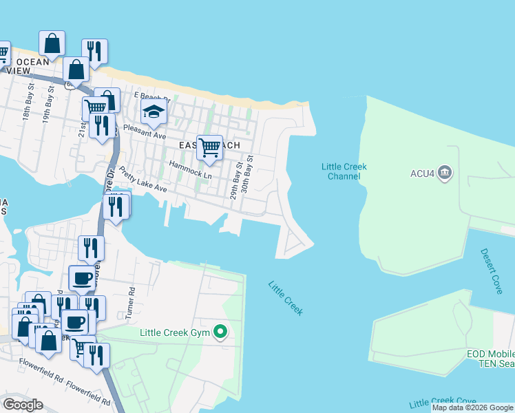 map of restaurants, bars, coffee shops, grocery stores, and more near 9500 30th Bay Street in Norfolk
