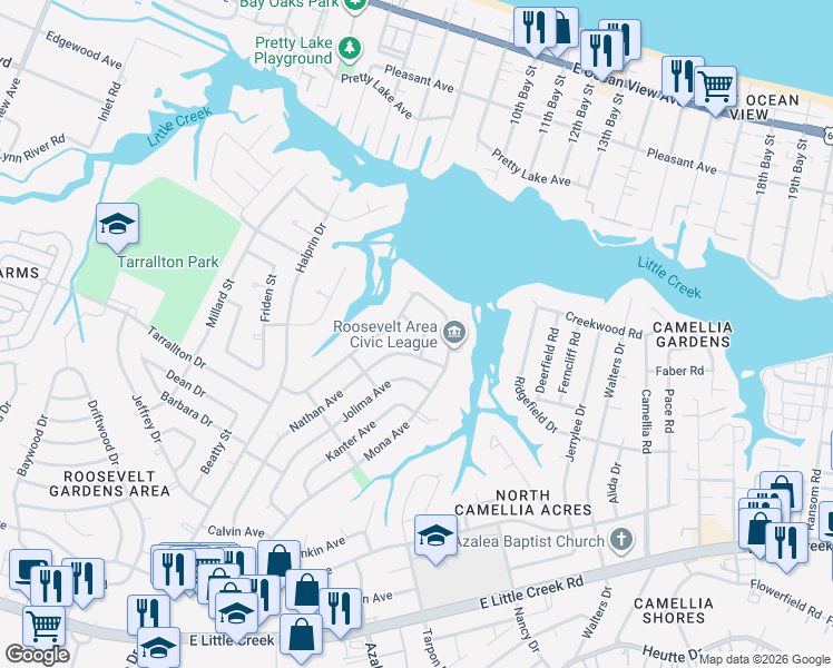 map of restaurants, bars, coffee shops, grocery stores, and more near 8425 Nathan Avenue in Norfolk