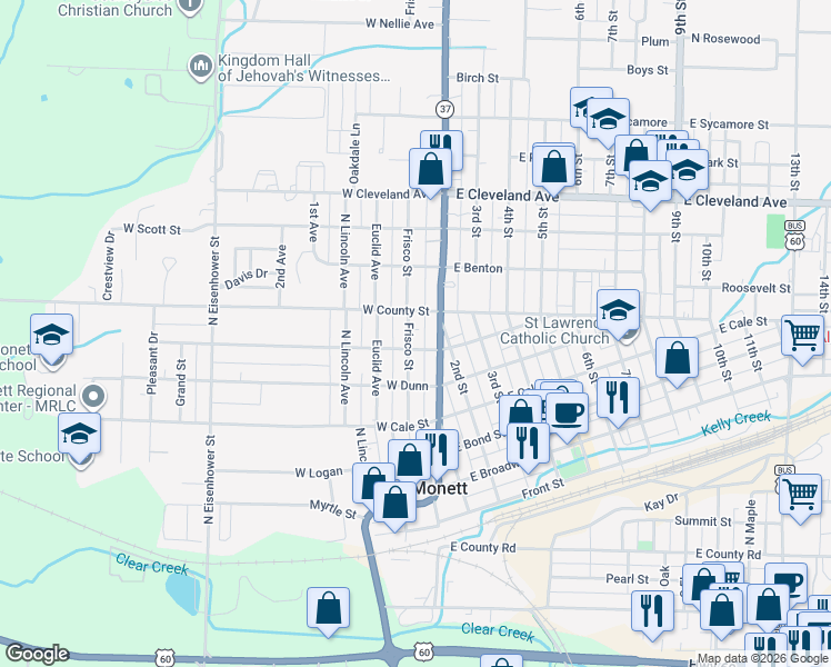 map of restaurants, bars, coffee shops, grocery stores, and more near W Wishart St in Monett