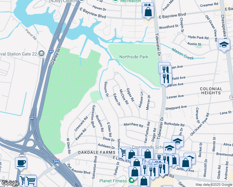 map of restaurants, bars, coffee shops, grocery stores, and more near 8227 McCloy Road in Norfolk