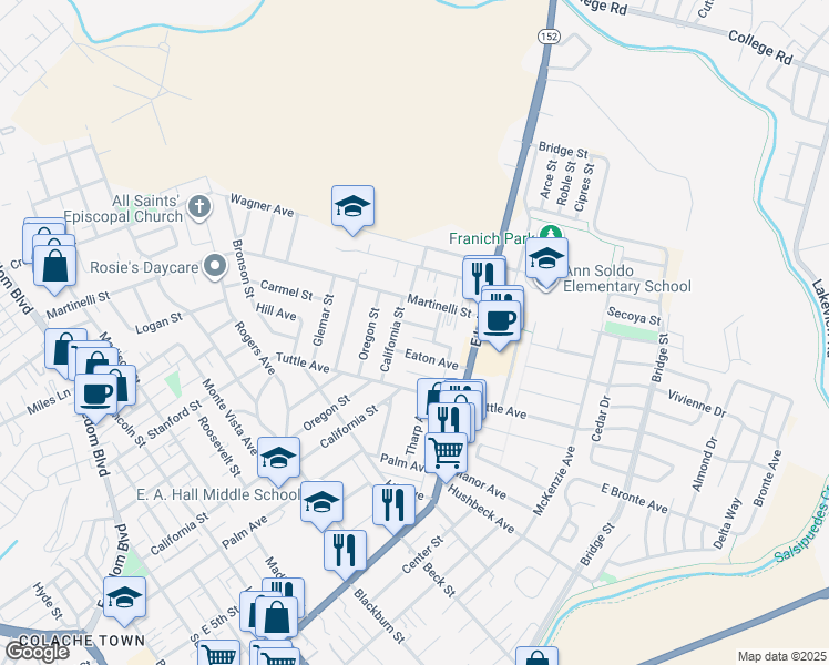 map of restaurants, bars, coffee shops, grocery stores, and more near 145 Alma Street in Watsonville