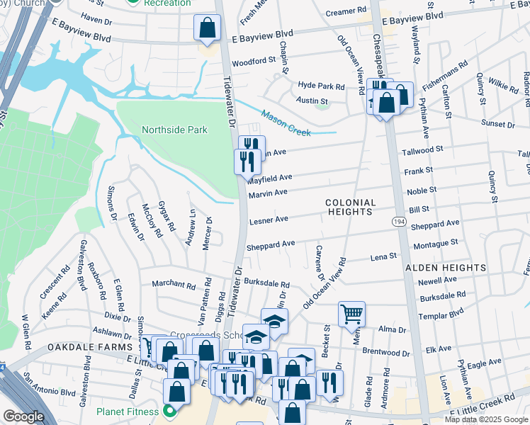 map of restaurants, bars, coffee shops, grocery stores, and more near 722 Lesner Avenue in Norfolk