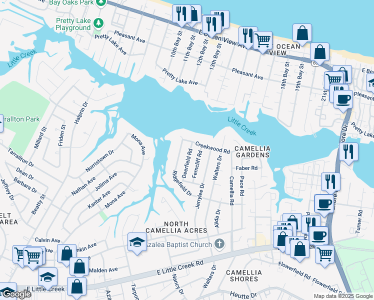map of restaurants, bars, coffee shops, grocery stores, and more near 8128 Deerfield Road in Norfolk