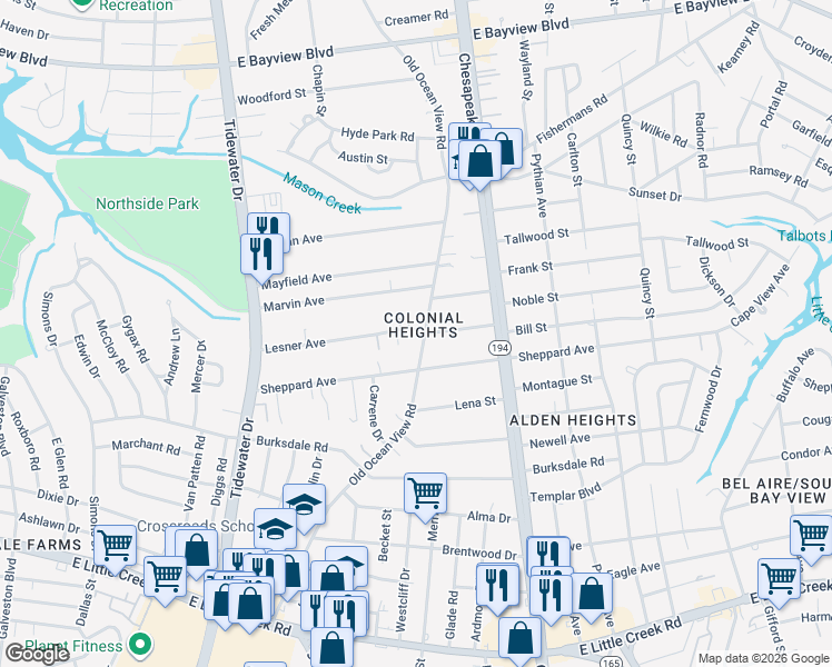 map of restaurants, bars, coffee shops, grocery stores, and more near 8311 Old Ocean View Road in Norfolk