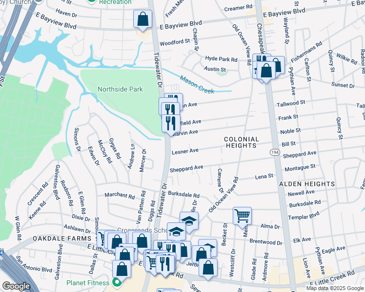 map of restaurants, bars, coffee shops, grocery stores, and more near 731 Lesner Avenue in Norfolk