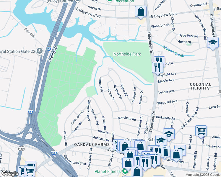map of restaurants, bars, coffee shops, grocery stores, and more near 8227 McCloy Road in Norfolk
