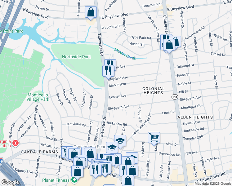 map of restaurants, bars, coffee shops, grocery stores, and more near 731 Lesner Avenue in Norfolk