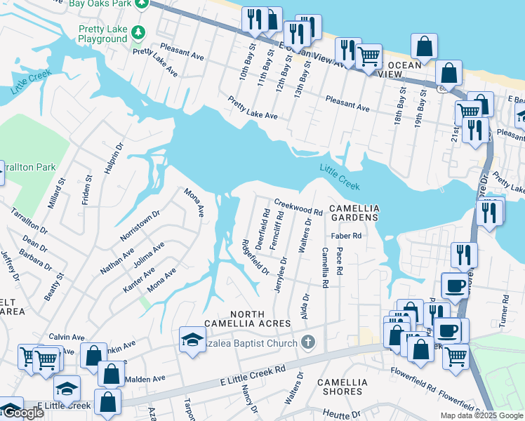 map of restaurants, bars, coffee shops, grocery stores, and more near 8128 Deerfield Road in Norfolk