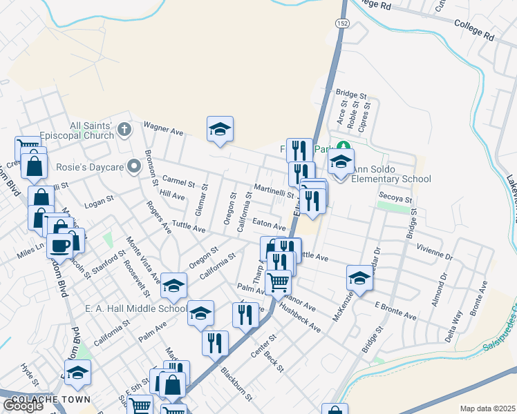 map of restaurants, bars, coffee shops, grocery stores, and more near 145 Alma Street in Watsonville