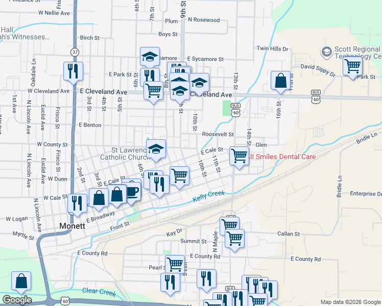 map of restaurants, bars, coffee shops, grocery stores, and more near 353-399 9th Street in Monett