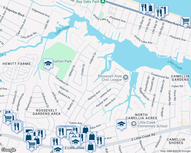 map of restaurants, bars, coffee shops, grocery stores, and more near 8347 Norristown Drive in Norfolk
