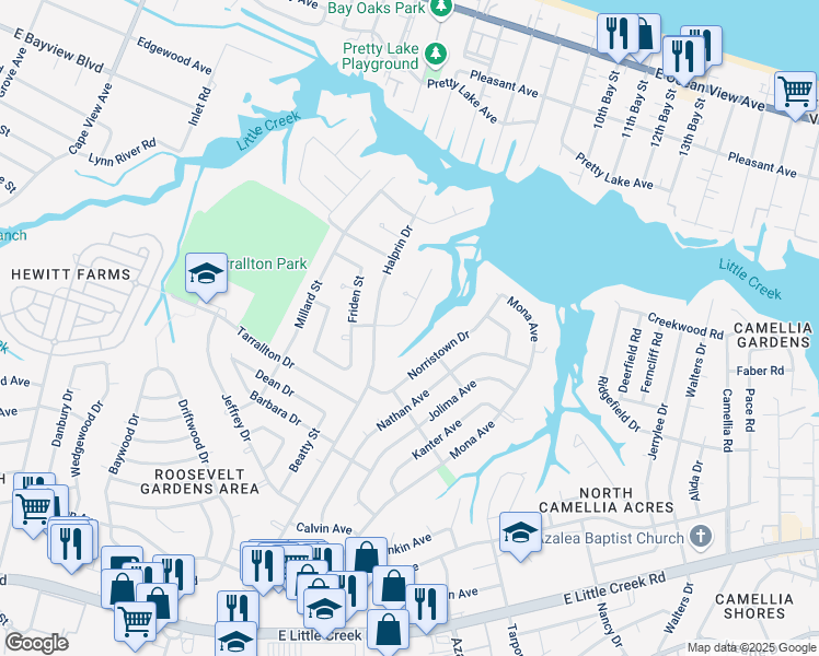 map of restaurants, bars, coffee shops, grocery stores, and more near 8347 Norristown Drive in Norfolk