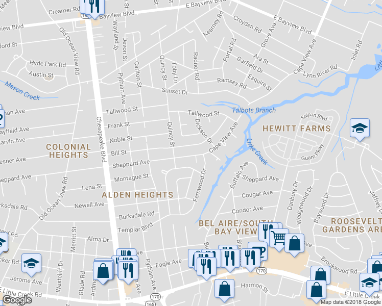 map of restaurants, bars, coffee shops, grocery stores, and more near 1354 Sheppard Avenue in Norfolk