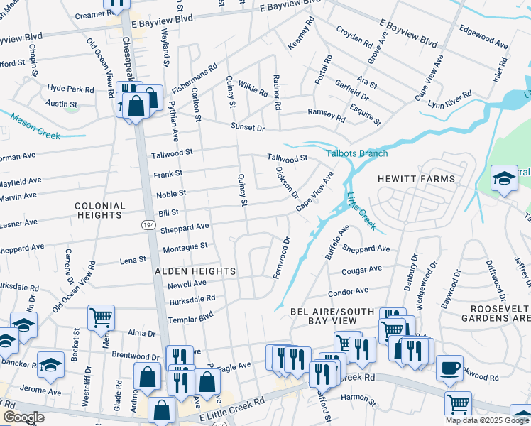 map of restaurants, bars, coffee shops, grocery stores, and more near 1350 Sheppard Avenue in Norfolk