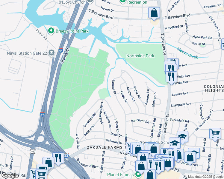 map of restaurants, bars, coffee shops, grocery stores, and more near 8235 Simons Drive in Norfolk
