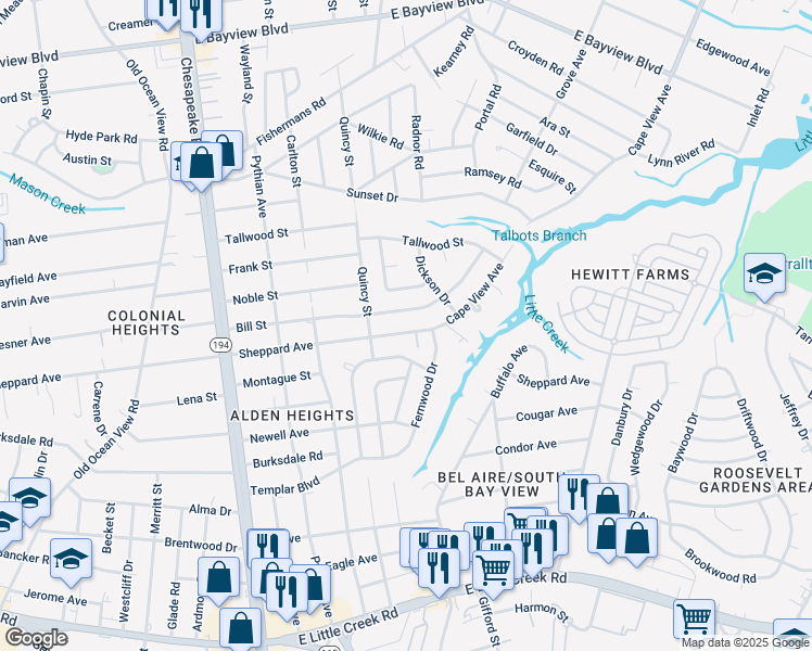 map of restaurants, bars, coffee shops, grocery stores, and more near 1354 Sheppard Avenue in Norfolk