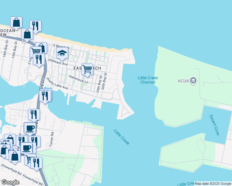 map of restaurants, bars, coffee shops, grocery stores, and more near 9559 Bay Point Drive in Norfolk