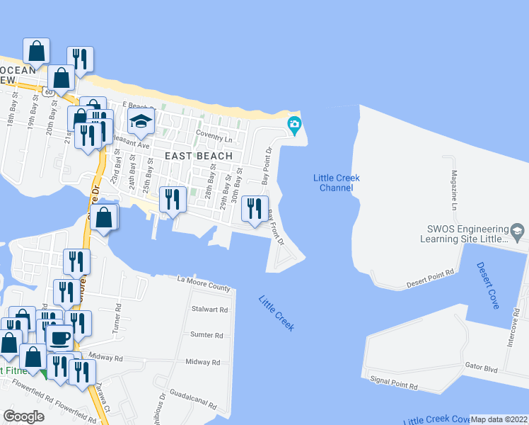 map of restaurants, bars, coffee shops, grocery stores, and more near 9556 Bay Front Drive in Norfolk