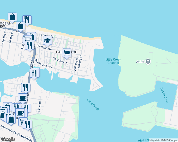 map of restaurants, bars, coffee shops, grocery stores, and more near 9535 Bay Front Drive in Norfolk
