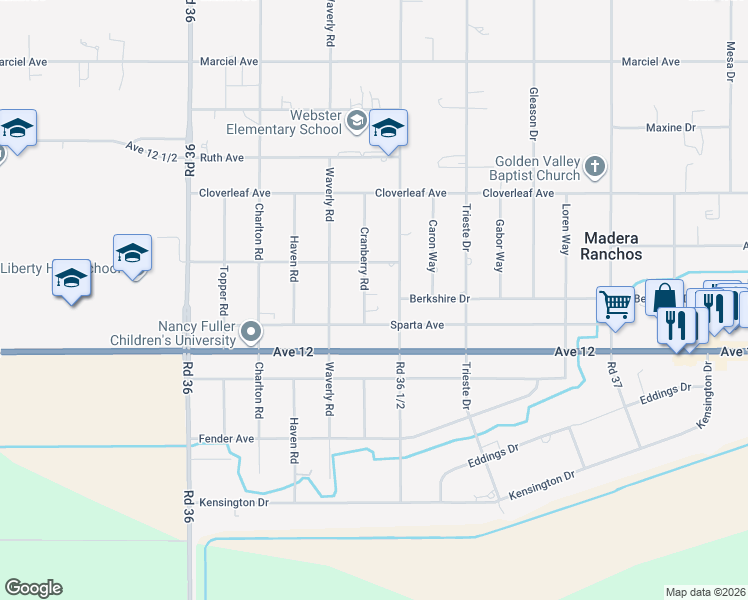 map of restaurants, bars, coffee shops, grocery stores, and more near 12171 Cranberry Road in Madera