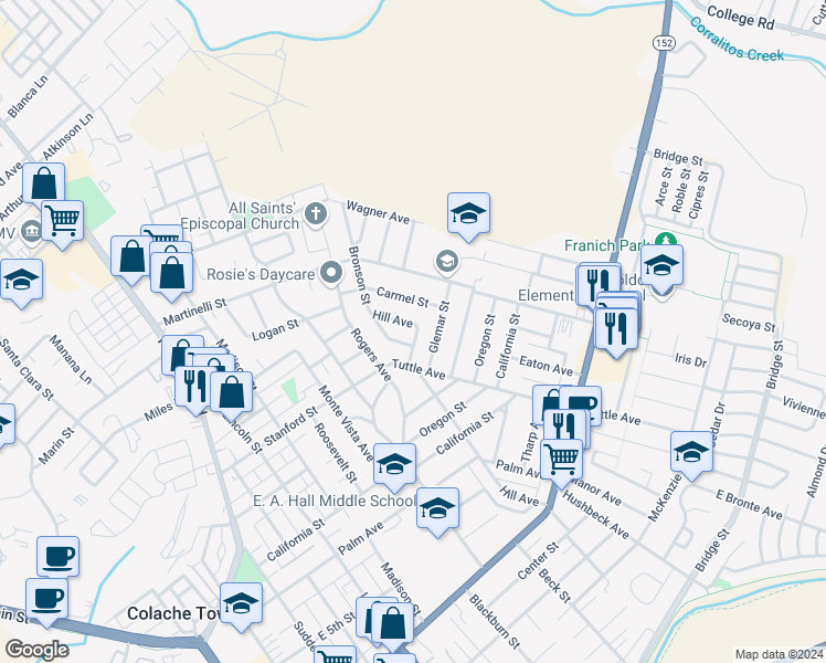 map of restaurants, bars, coffee shops, grocery stores, and more near 741 Hill Avenue in Watsonville