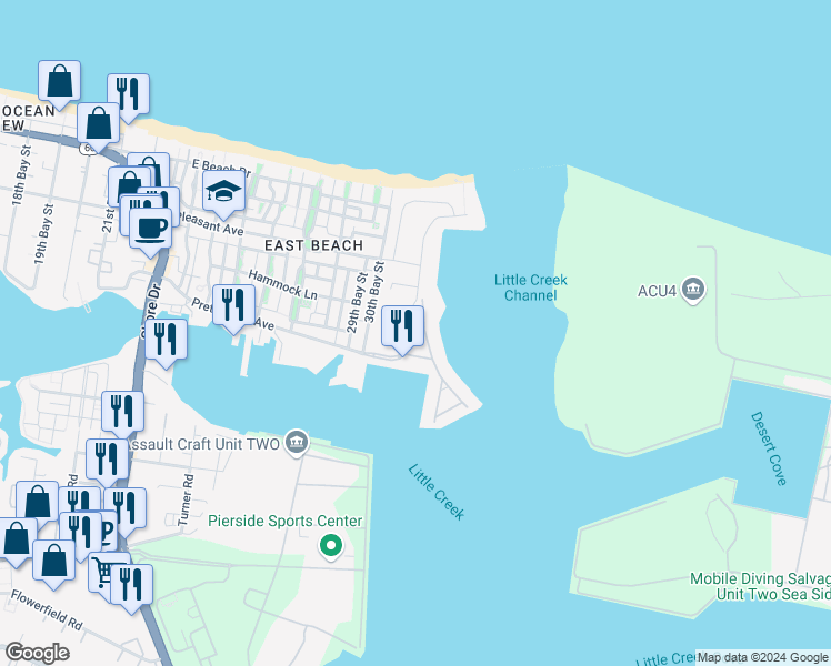 map of restaurants, bars, coffee shops, grocery stores, and more near 9535 Bay Front Drive in Norfolk