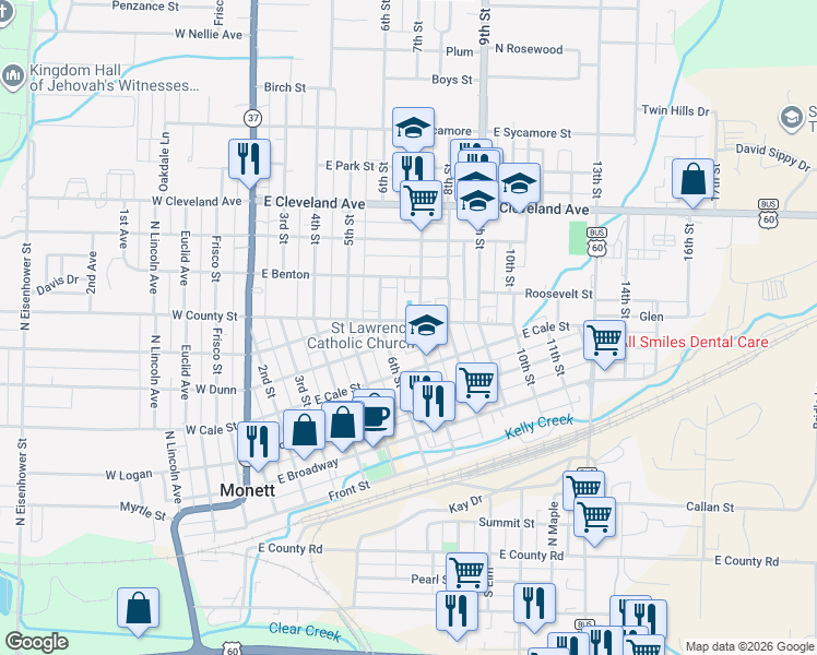 map of restaurants, bars, coffee shops, grocery stores, and more near 600-698 7th St in Monett