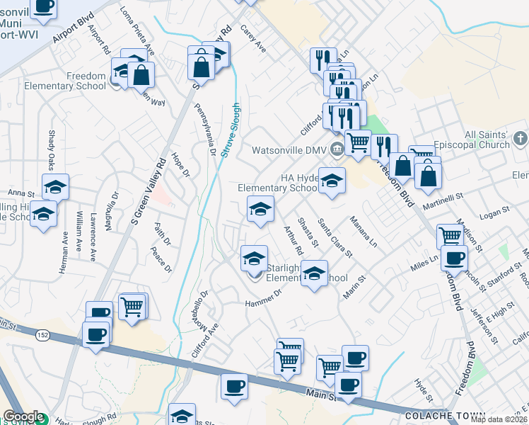 map of restaurants, bars, coffee shops, grocery stores, and more near 217 Clifford Avenue in Watsonville