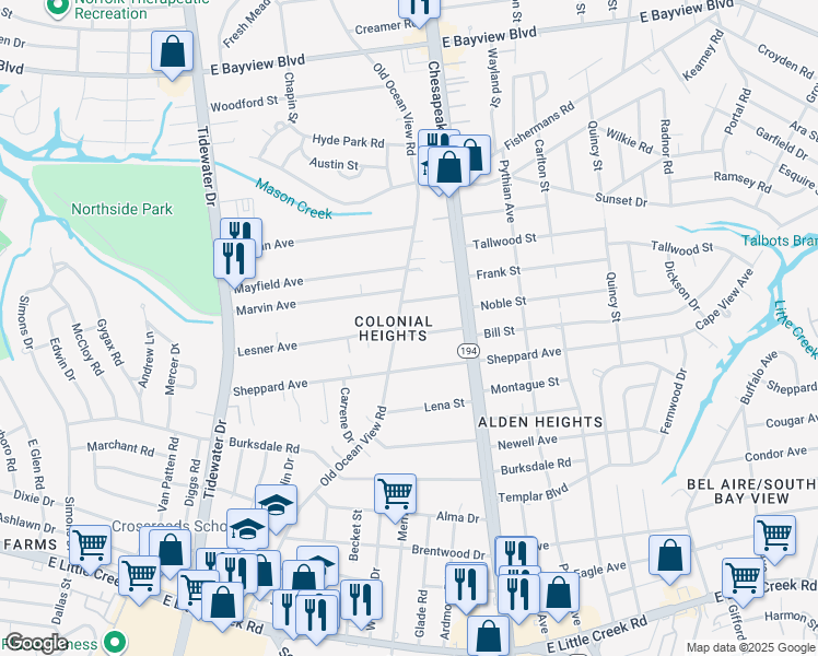 map of restaurants, bars, coffee shops, grocery stores, and more near 915 Vero Street in Norfolk