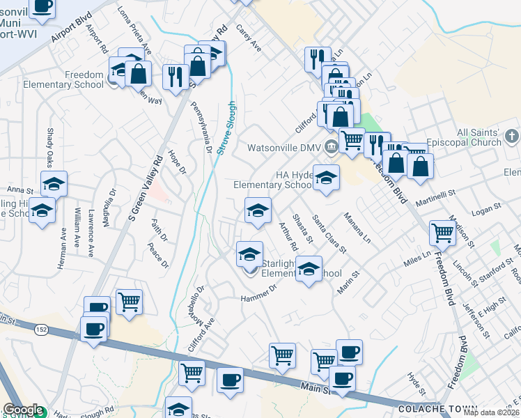 map of restaurants, bars, coffee shops, grocery stores, and more near 217 Clifford Avenue in Watsonville