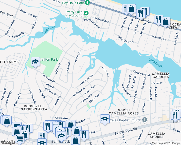 map of restaurants, bars, coffee shops, grocery stores, and more near 8440 Larrymore Avenue in Norfolk
